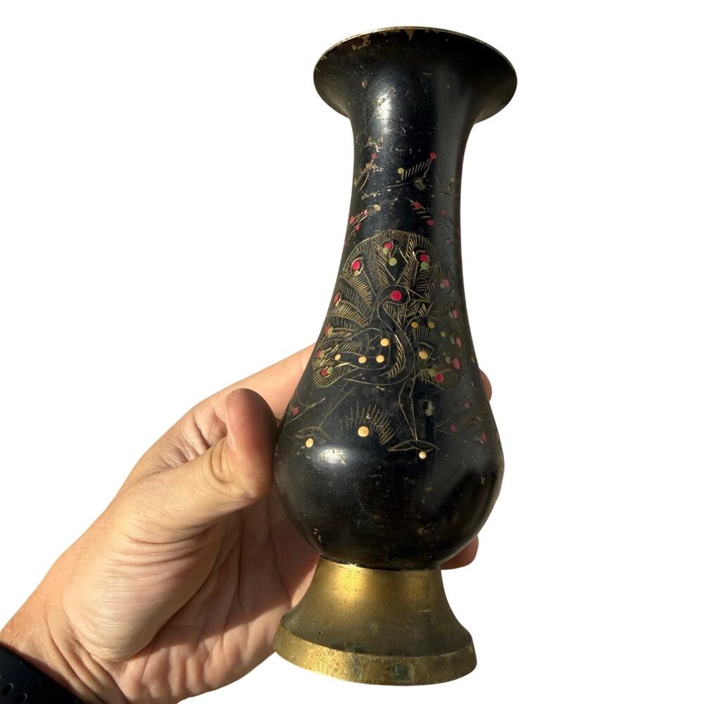 Vintage Brass Black Painted Etched Vase Ornate Home Decor Peacock Design